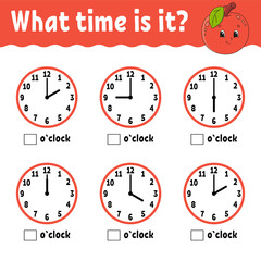 Learning time on the clock. Educational activity worksheet for kids and toddlers. Game for children. Simple flat isolated vector illustration in cute cartoon style.