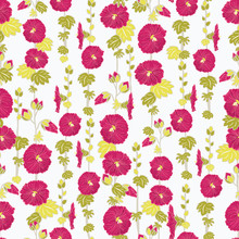 Blooming Red Mallow Flower Garden Seamless Repeat Vector Pattern Background For Fabric, Scrapbooking, Wallpaper And Backgrounds.