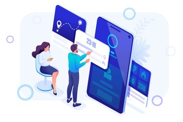 isometric concept young people are working with a fitness bracelet management app. header concept. c