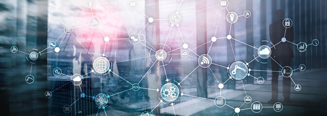 Wall Mural - technology industrial business process workflow organisation structure on virtual screen. iot smart 
