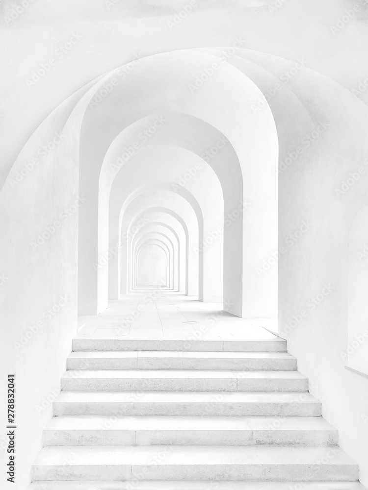 3d corridor of pillars and Ladder with walls and bright light - obrazy, fototapety, plakaty 