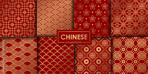 Materiał do szycia Golden chinese seamless pattern collection, Abstract background, Decorative wallpaper.