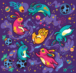 Wall Mural - Set of flying bunnies, comets and stars. Vector illustration