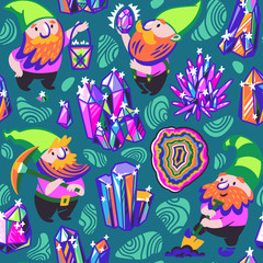 Seamless pattern with gnomes, gems and crystals in vector.