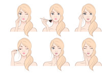 Young Woman With Blonde Hair Makes Up With Various Actions Set. Steps. Cosmetic. Beauty, Makeup. Healthy. Vector Illustration In Pastel Tones