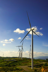 Wind turbine farm from clean energy. Wind power for electricity.