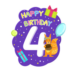 Sticker - Birthday Anniversary Number and Cute Ethnic Patterned Squirrel Animal, Card Template for Four Year Old Vector Illustration