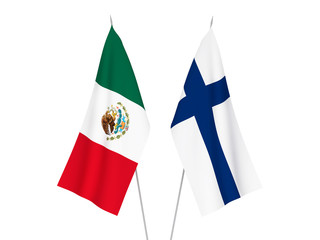 National fabric flags of Finland and Mexico isolated on white background. 3d rendering illustration.