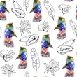 Hand drawn seamless pattern with cassowary birds and tropical fruit and leaves on white background. Watercolor images of birds mixed with black graphic exotic flora.