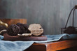 Black truffles  mushrooms on rustic wooden table with free text space . Selective focus.