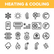 Heating And Cooling System Vector Linear Icons Set. Heating And Cooling Air Conditioning Outline Symbols Pack. Temperature Control Equipment. Radiator, Fan, Thermometer Isolated Contour Illustrations
