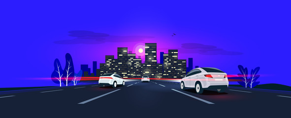 Traffic on the highway panoramic perspective horizon vanishing point view. Vector cartoon style illustration urban landscape street with cars, night skyline city buildings and road going to the city.