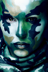 Wall Mural - Beautiful young fashion woman with military style clothing and face paint make-up, khaki colors, halloween celebration