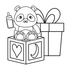 Canvas Print - cute little bear panda with block and gift