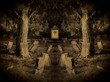 Ein Friedhof - Grabsteine zwischen alten Bäumen | Original Fotomontage Frank Xavier | alter Friedhof | Grabsteine zwischen alten Baumbestand