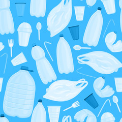 Vector seamless pattern with plastic objects. Stop ocean pollution. Waste in water. Garbage underwater. Environmental Protection. Bottle, plastic cup and bag, disposable tableware. Wrapping, header