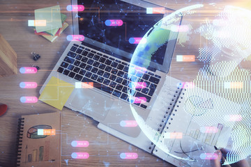 man with multi exposure global network theme icons.