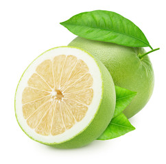 Wall Mural - Whole and halved citrus sweetie isolated on white background.