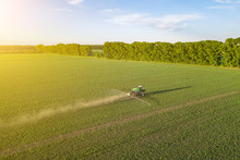 Aerial View Of A Farm Tractor In A Green Field During Spraying And Irrigation With Pesticides And Toxins For Growing Food, Vegetables And Fruits On Summer Sunny Day. Agriculture Industry.