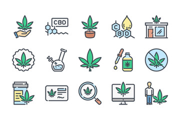 Wall Mural - cannabis and cbd related color line icon set. cannabidiol colorful linear icons. marijuanas flat col