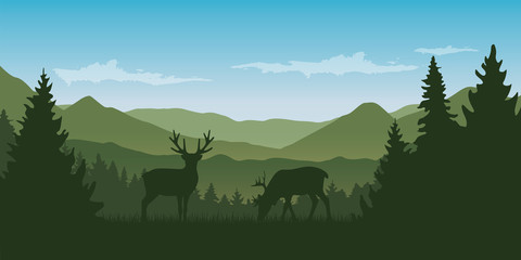 Wall Mural - two wildlife reindeers on green mountain and forest landscape vector illustration EPS10