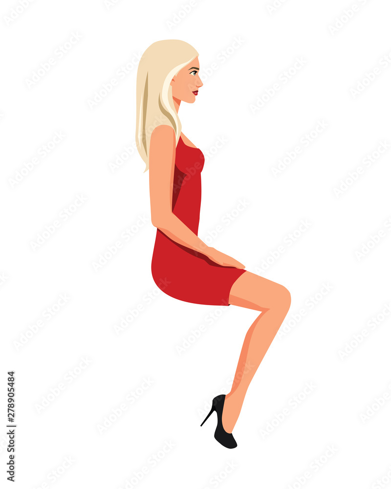 Vector illustration of sitting woman with long blonde hair in red dress  under the white background. Cartoon realistic people illustration. Flat  young woman. Side view girl. Stock Vector | Adobe Stock