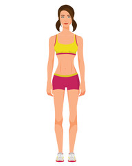 Wall Mural - Vector illustration of sportive girl with two tails in sportswear under the white background. Cartoon realistic people illustration. Flat young woman. Front view girl.