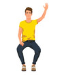 © bukavik - Vector illustration of sitting man with hand up in casual clothes. Cartoon realistic people illustration. Flat young man. Front view man. Greeting