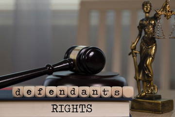 Wall Mural - Words DEFENDANT'S RIGHTS composed of wooden dices. Wooden gavel and statue of Themis in the background.