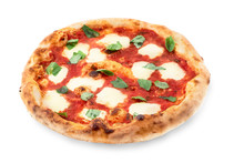 Pizza Margherita On White Isolated Background. Pizza Margarita With Tomatoes, Basil And Mozzarella Cheese.