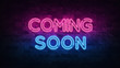 Coming Soon neon sign. purple and blue glow. neon text. Brick wall lit by neon lamps. Night lighting on the wall. 3d illustration. Trendy Design. light banner, bright advertisement