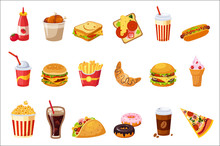 Fast Food Items Set Of Realistic Design Vector Stickers Isolated On White Background.