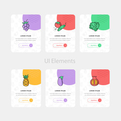 Wall Mural - creative fruit and vegetables web cards with text and icon. website and application cards design tem