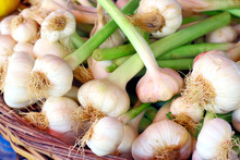 Heap Of The Fresh Garlic In A Basket Close Up,  Selective Focus.