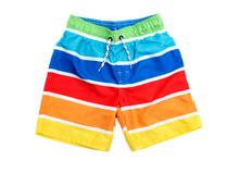 Swimming Shorts For Boy In Stripes Of Different Colors.