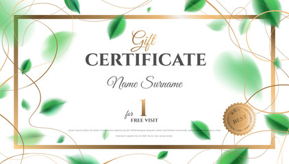 Gift certificate vector template design. Abstract creative spring layout with green leaves and golden color rich elegant decoration