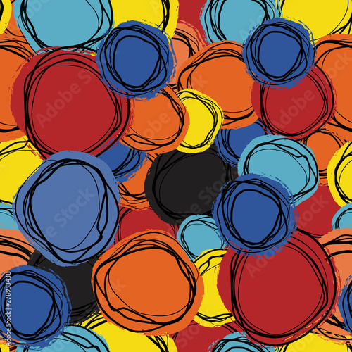 Seamless repeating background of colored circles and spirals