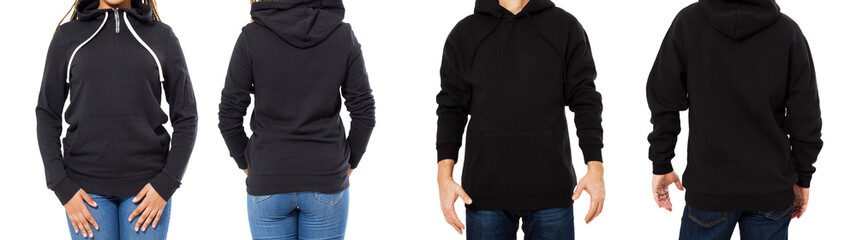 female and male hoodie mock up isolated - hood set front and back view, girl and man in empty black pullover