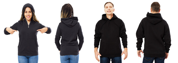 Wall Mural - black beautiful woman and middle-aged man in black hoodie mock up isolated on white background