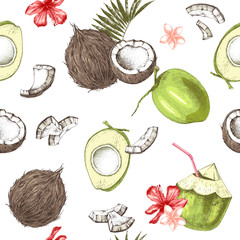 Wall Mural - Seamless pattern with green and ripe hand drawn coconuts and tropical flowers