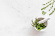 © 279photo - Homeopathy with leaves and healing herbs for making oil on white marble background top view copyspace