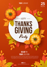 Happy Thanksgiving Day Party Poster Template With Autumn Leaves And Pumpkins. Vector Illustration