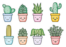 House Plants And Cactus Kawaii Comic Characters
