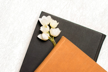 black and brown book with flowers on a white background