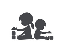 Simple Silhouette Of Boy And Girl Playing With Toy Blocks. Can Be Used As Logo Or Sign. Vector Black And White Illustration. Isolated.
