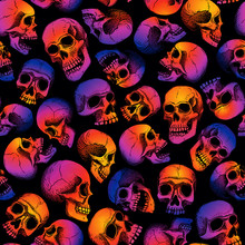 Vector Seamless Pattern With Human Skulls. Gradient Fill, Bright Trend Colors: Purple, Orange, Blue On A Black Background. Background For Halloween.