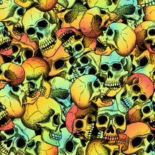 Vector Seamless Pattern With Human Skulls. Gradient Fill: Coral, Yellow, Green And Line Art On A Black Background.