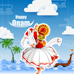 Wall Mural - vector illustration of Happy Onam Festival background of Kerala with Kathakali dancer