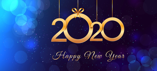 Wall Mural - 2020 happy new year vintage text design with shiny golden numbers and ribbon bows on blue background