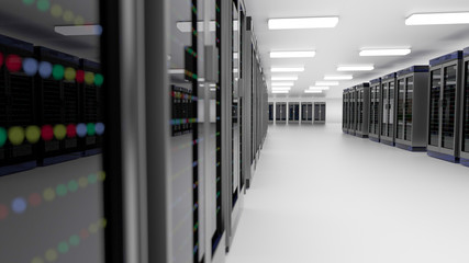 Server room data center. Backup, hosting, mainframe, farm and computer rack with storage information. 